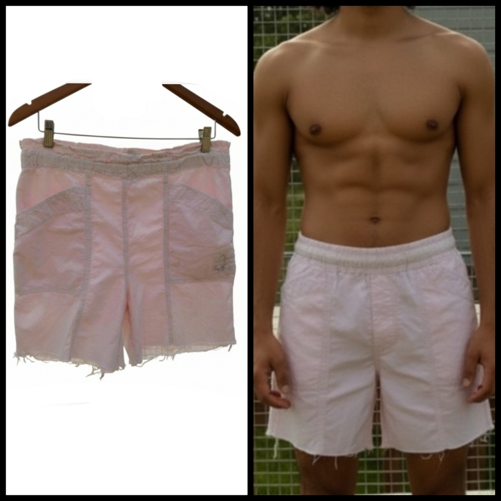 Vtg 80s Ki Ko Mo pink seersucker distressed cut off rad bermuda shorts 32